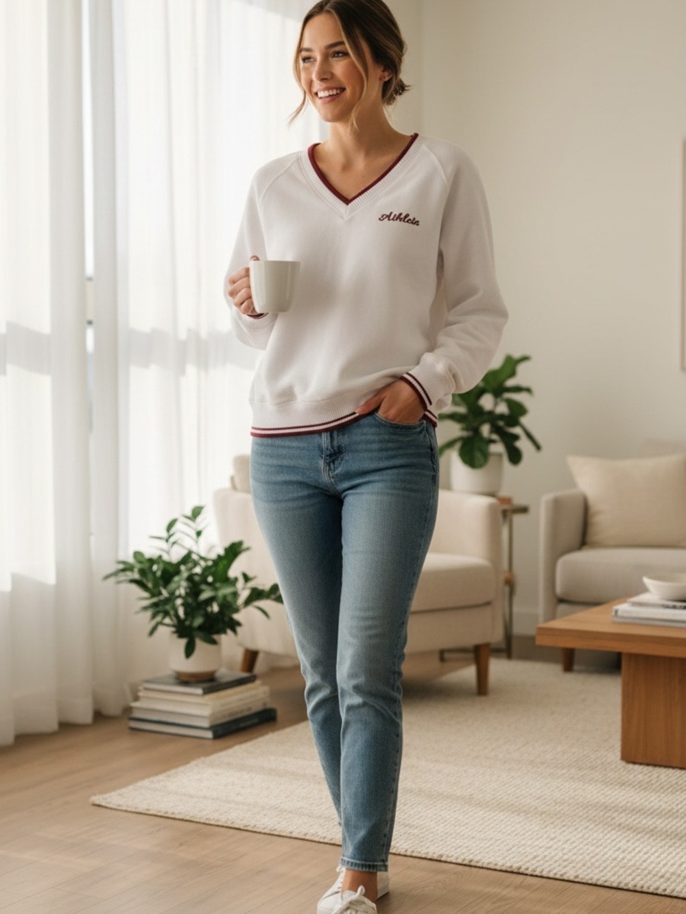 Athleta White V-Neck Sweater with Maroon Trim - Picture 2 of 10
